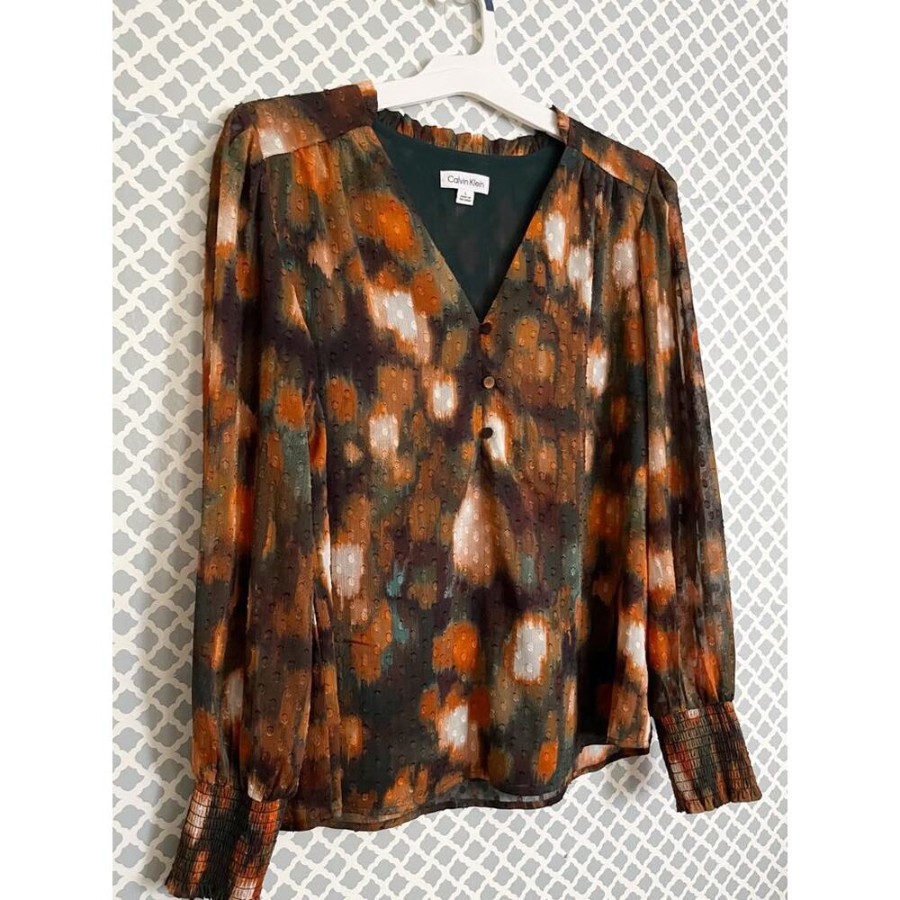 Calvin Klein Rust Brown Black Popover Blouse Large - Picture 4 of 9
